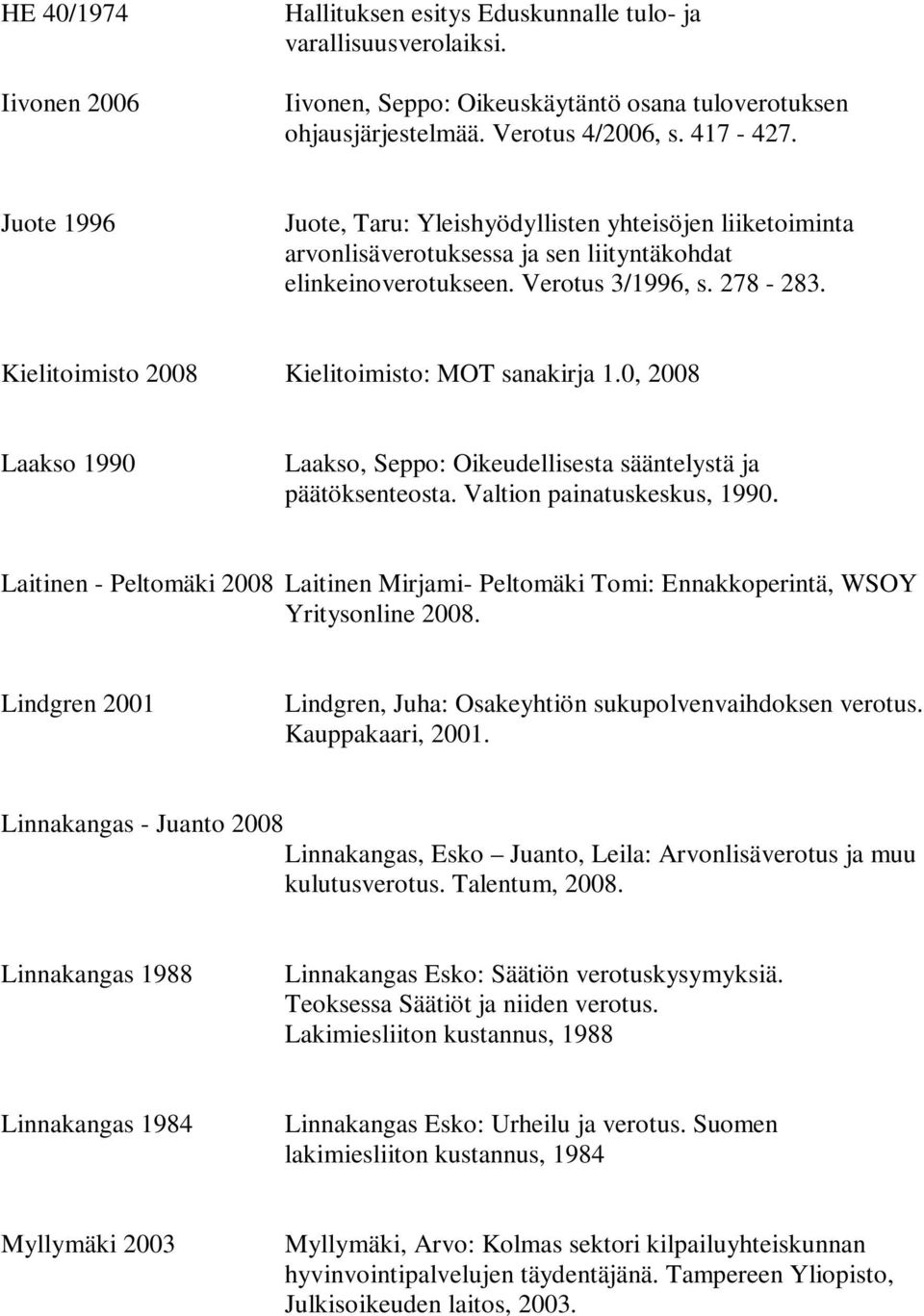 Kielitoimisto 2008 Kielitoimisto: MOT sanakirja 1.0, 2008 Laakso 1990 Laakso, Seppo: Oikeudellisesta sääntelystä ja päätöksenteosta. Valtion painatuskeskus, 1990.