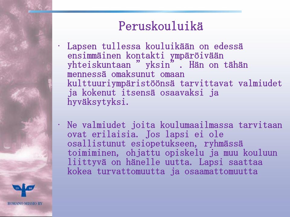 hyväksytyksi. Ne valmiudet joita koulumaailmassa tarvitaan ovat erilaisia.