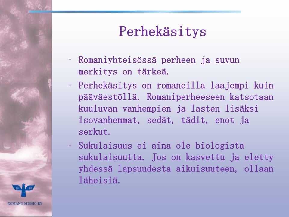 Romaniperheeseen katsotaan kuuluvan vanhempien ja lasten lisäksi isovanhemmat, sedät,