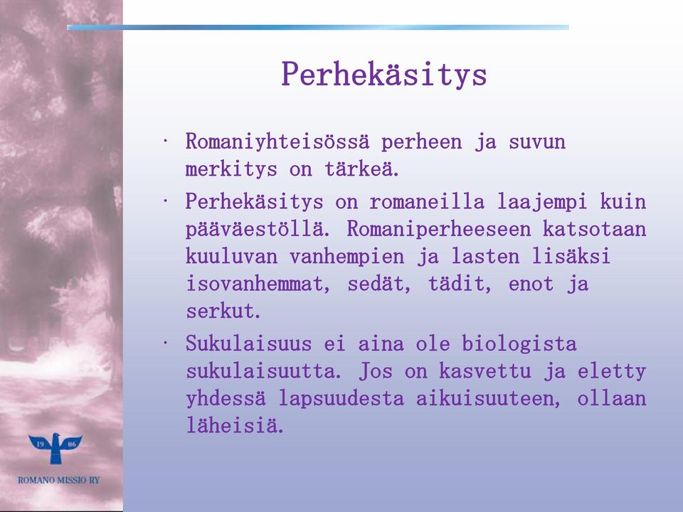 Romaniperheeseen katsotaan kuuluvan vanhempien ja lasten lisäksi isovanhemmat, sedät,