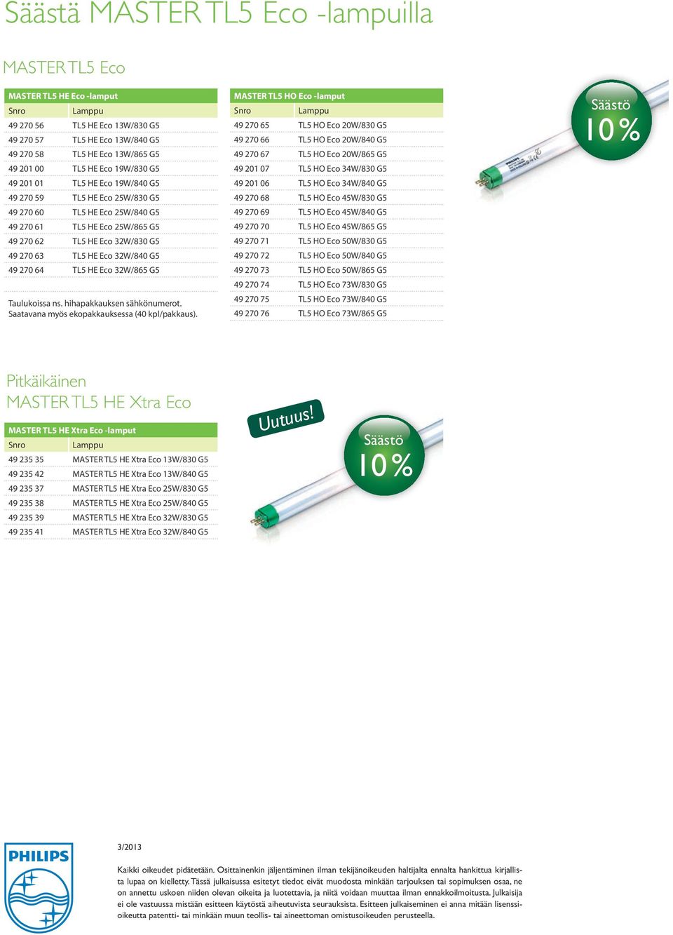 G5 49 270 64 TL5 HE Eco 32W/865 G5 Taulukoissa ns. hihapakkauksen sähkönumerot. Saatavana myös ekopakkauksessa (40 kpl/pakkaus).