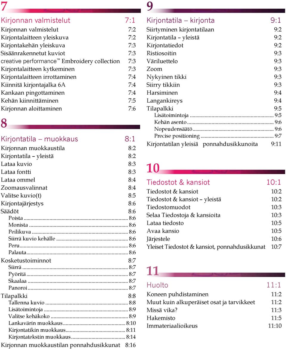 8:1 Kirjonnan muokkaustila 8:2 Kirjontatila yleistä 8:2 Lataa kuvio 8:3 Lataa fontti 8:3 Lataa ommel 8:4 Zoomausvalinnat 8:4 Valitse kuvio(t) 8:5 Kirjontajärjestys 8:6 Säädöt 8:6 Poista... 8:6 Monista.