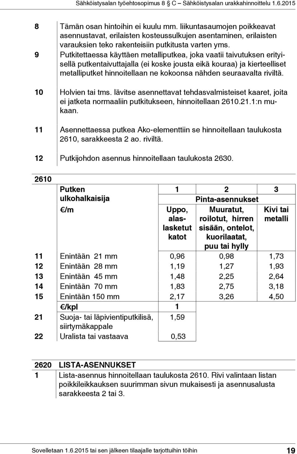 seuraavalta riviltä. 10 Holvien tai tms. lävitse asennettavat tehdasvalmisteiset kaaret, joita ei jatketa normaaliin putkitukseen, hinnoitellaan 2610.21.1:n mukaan.