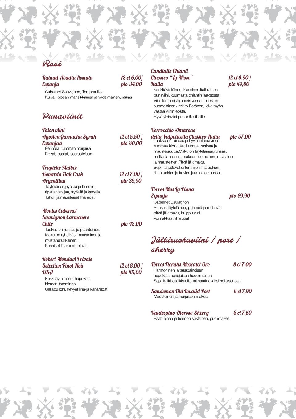 kanelia Tuhdit ja mausteiset liharuoat Montes Cabernet Sauvignon Carmenere Chile plo 42,00 Tuoksu on runsas ja paahteinen. Maku on ryhdikäs, mausteinen ja mustaherukkainen. Punaiset liharuuat, pihvit.