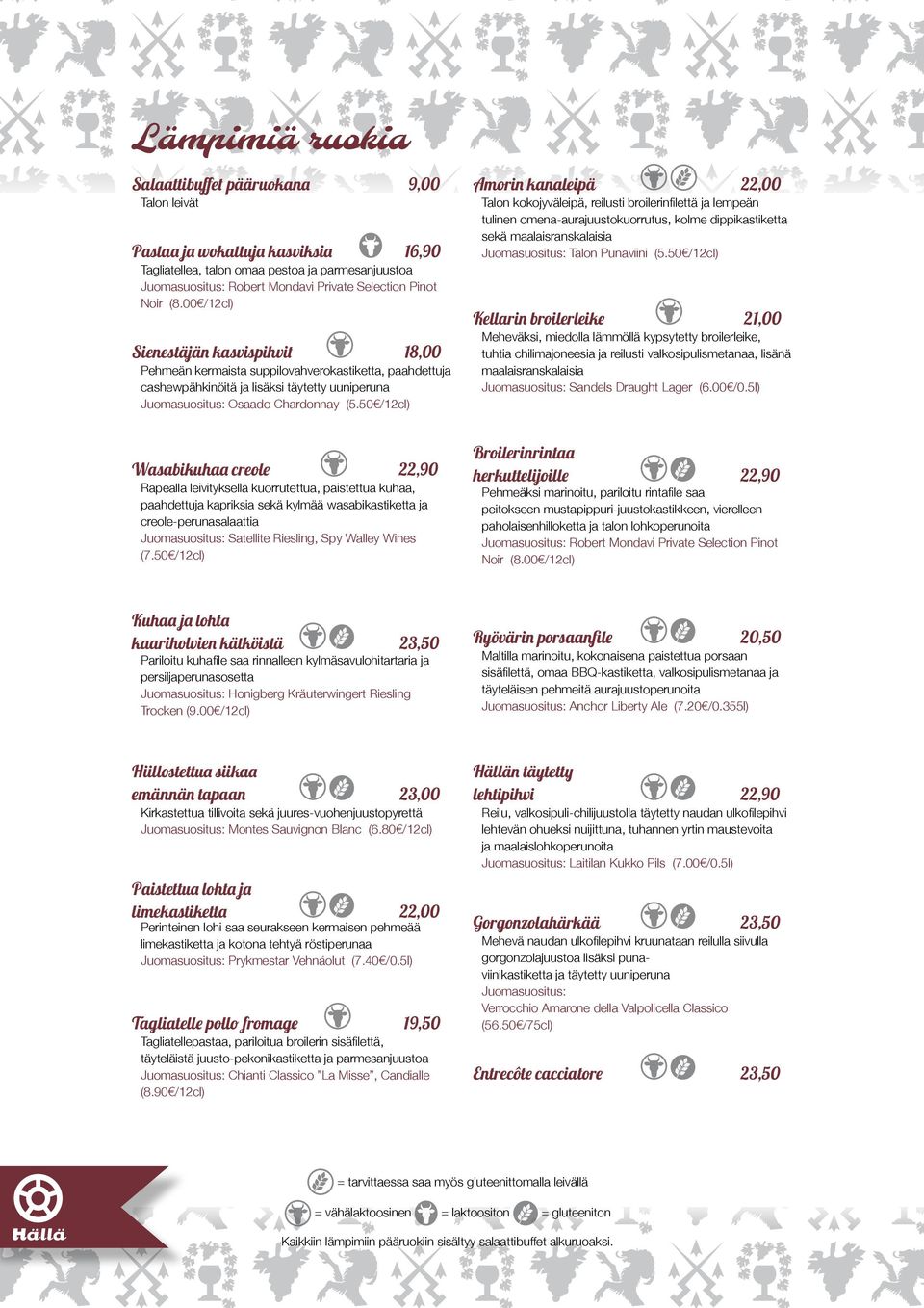 50 /12cl) Amorin kanaleipä 22,00 Talon kokojyväleipä, reilusti broilerinfilettä ja lempeän tulinen omena-aurajuustokuorrutus, kolme dippikastiketta sekä maalaisranskalaisia Juomasuositus: Talon