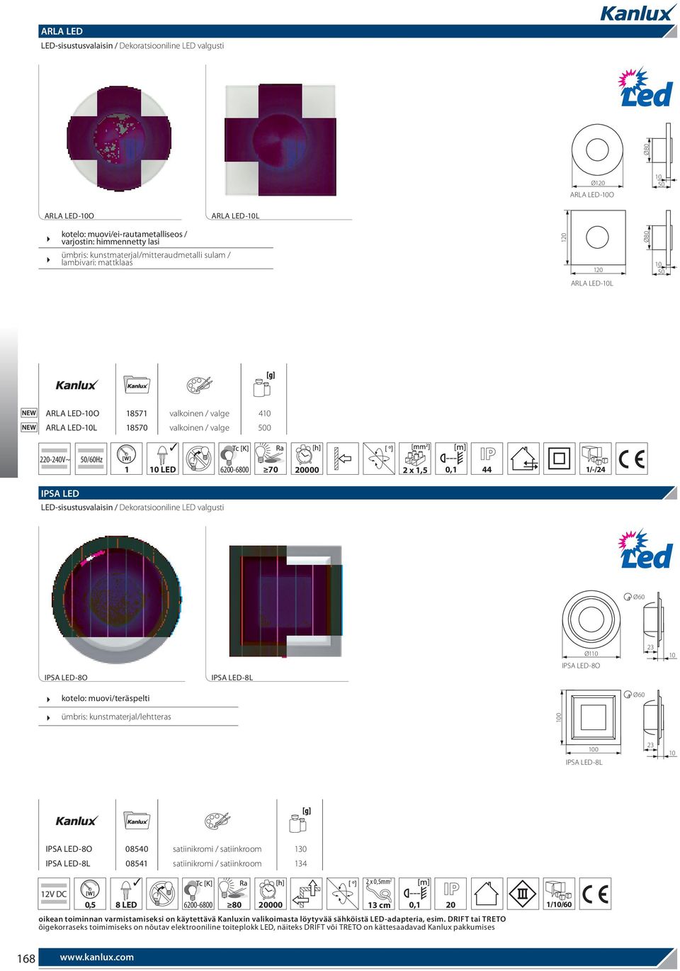 x 1,5 0,1 44 1/-/24 IPSA LED LED-sisustusvalaisin / Dekoratsiooniline LED valgusti Ø60 IPSA LED-8O IPSA LED-8L Ø110 IPSA LED-8O 23 10 kotelo: muovi/teräspelti ümbris: kunstmaterjal/lehtteras 100 Ø60