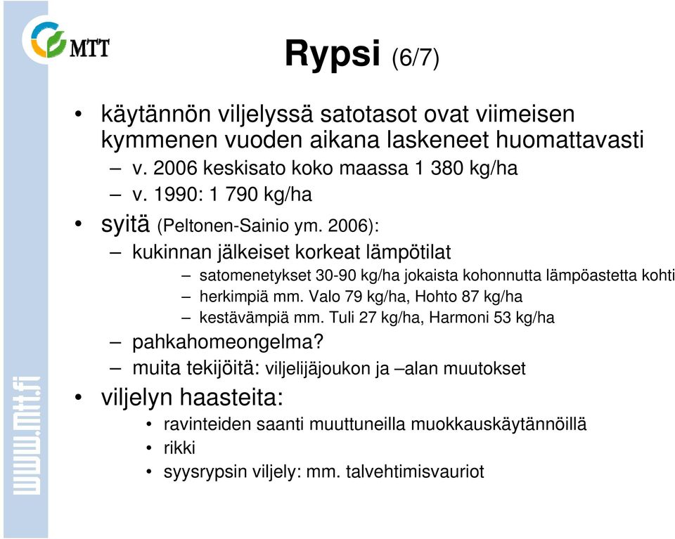 2006): kukinnan jälkeiset korkeat lämpötilat satomenetykset 30-90 kg/ha jokaista kohonnutta lämpöastetta kohti herkimpiä mm.