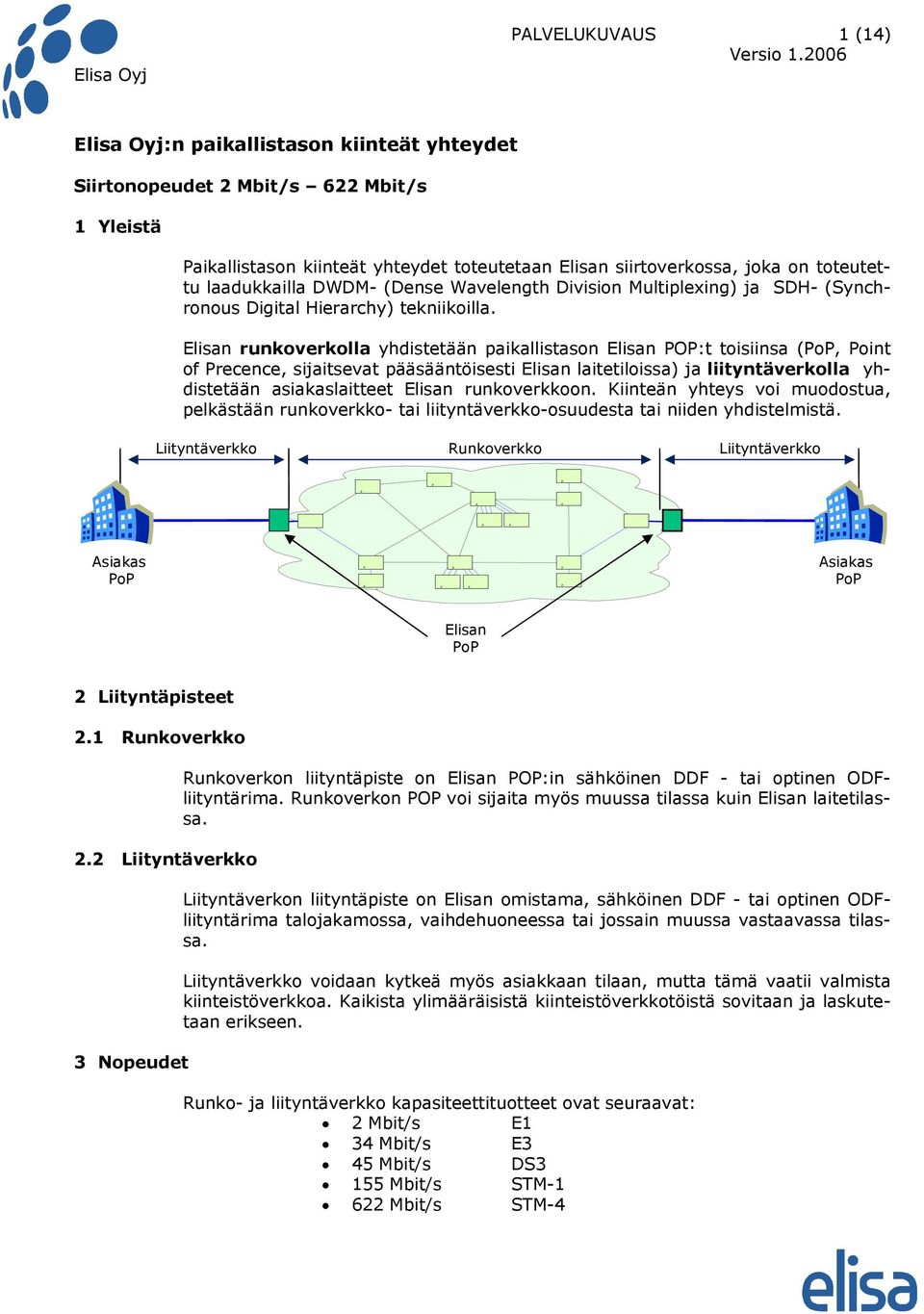 Elisan runkoverkolla yhdistetään paikallistason Elisan POP:t toisiinsa (PoP, Point of Precence, sijaitsevat pääsääntöisesti Elisan laitetiloissa) ja liityntäverkolla yhdistetään asiakaslaitteet