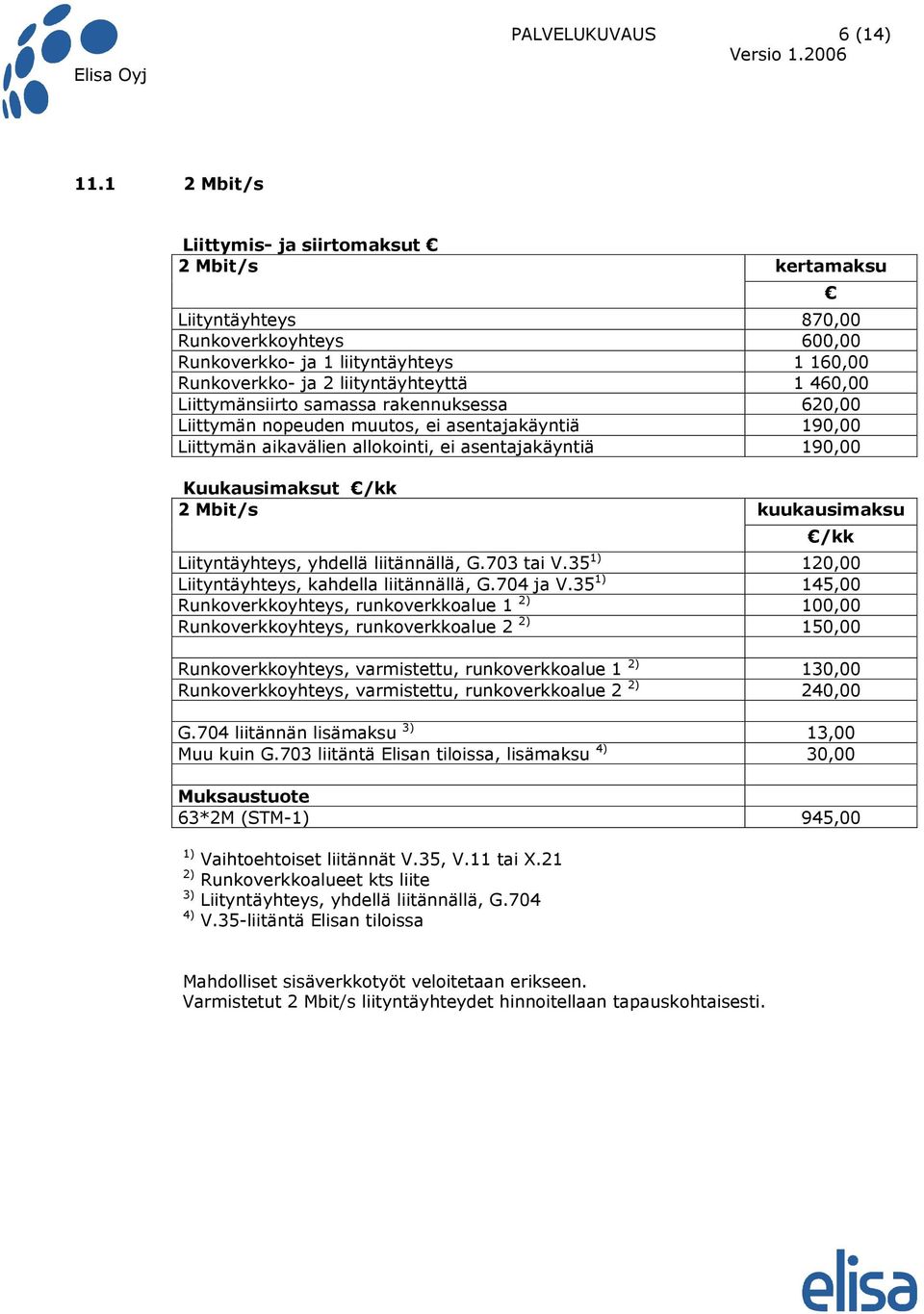 Liittymänsiirto samassa rakennuksessa 620,00 Liittymän nopeuden muutos, ei asentajakäyntiä 190,00 Liittymän aikavälien allokointi, ei asentajakäyntiä 190,00 Kuukausimaksut /kk 2 Mbit/s kuukausimaksu