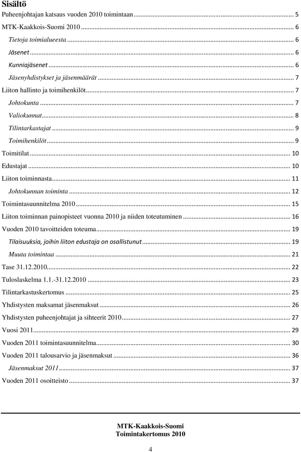 ..15 Liiton toiminnan painopisteet vuonna 2010 ja niiden toteutuminen...16 Vuoden 2010 tavoitteiden toteuma...19 Tilaisuuksia, joihin liiton edustaja on osallistunut...19 Muuta toimintaa...21 Tase 31.