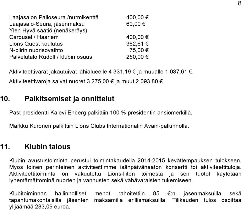 Palkitsemiset ja onnittelut Past presidentti Kalevi Enberg palkittiin 100 % presidentin ansiomerkillä. Markku Kuronen palkittiin Lions Clubs Internationalin Avain-palkinnolla. 11.