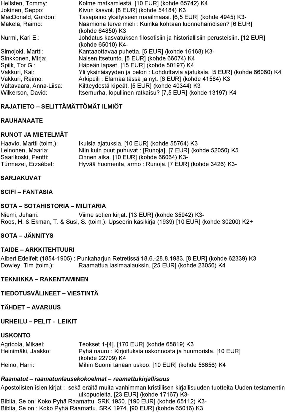 : Johdatus kasvatuksen filosofisiin ja historiallisiin perusteisiin. [12 EUR] (kohde 65010) K4- Simojoki, Martti: Kantaaottavaa puhetta. [5 EUR] (kohde 16168) K3- Sinkkonen, Mirja: Naisen itsetunto.