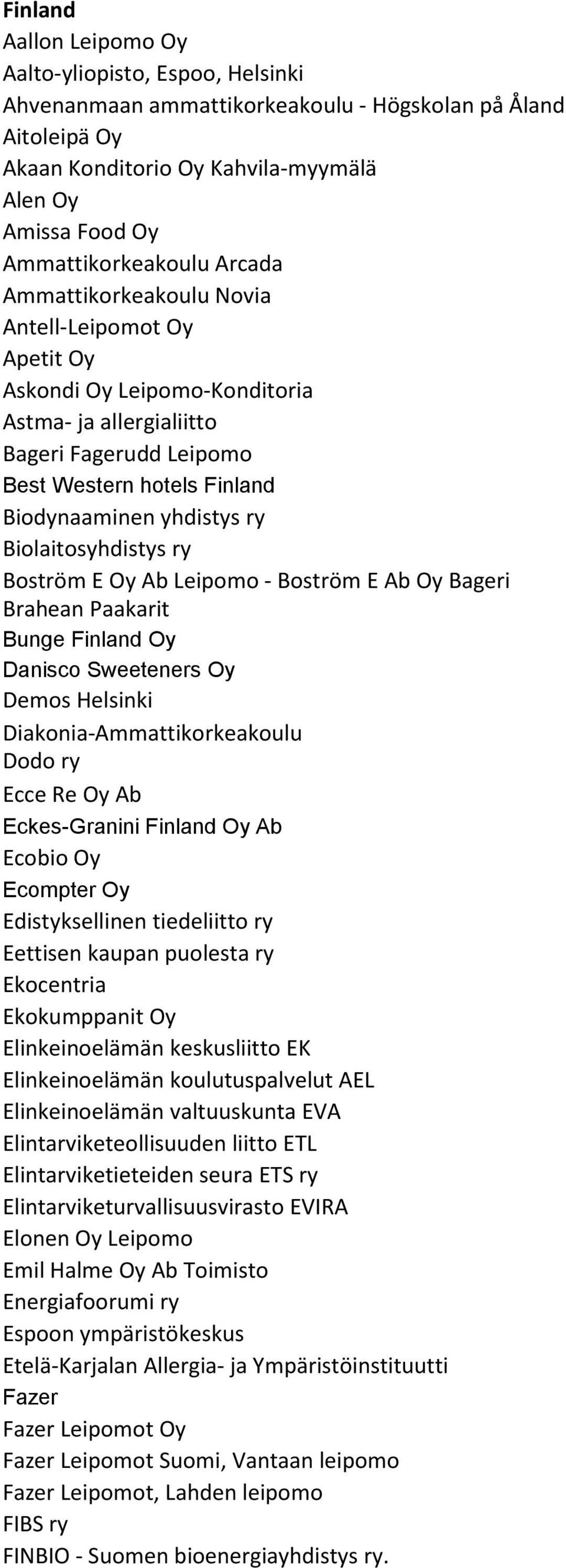 Biodynaaminen yhdistys ry Biolaitosyhdistys ry Boström E Oy Ab Leipomo - Boström E Ab Oy Bageri Brahean Paakarit Bunge Finland Oy Danisco Sweeteners Oy Demos Helsinki Diakonia-Ammattikorkeakoulu Dodo