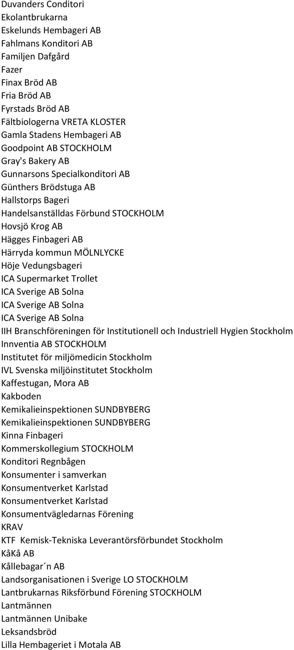 Härryda kommun MÖLNLYCKE Höje Vedungsbageri ICA Supermarket Trollet ICA Sverige AB Solna ICA Sverige AB Solna ICA Sverige AB Solna IIH Branschföreningen för Institutionell och Industriell Hygien