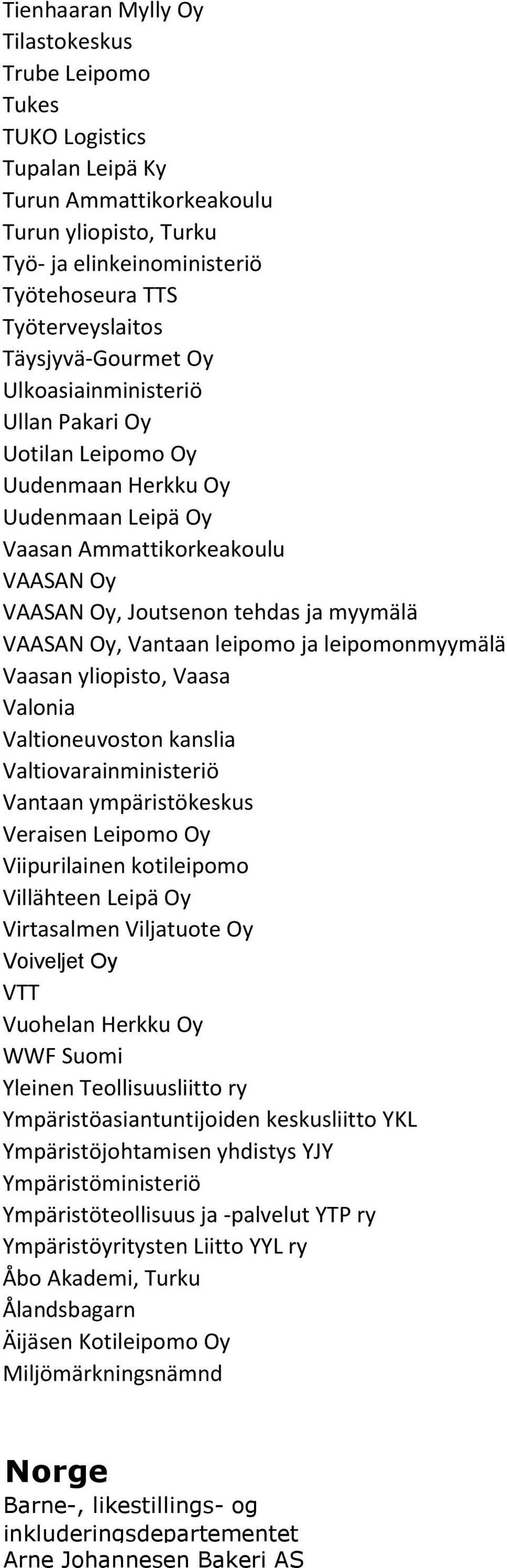 Oy, Vantaan leipomo ja leipomonmyymälä Vaasan yliopisto, Vaasa Valonia Valtioneuvoston kanslia Valtiovarainministeriö Vantaan ympäristökeskus Veraisen Leipomo Oy Viipurilainen kotileipomo Villähteen