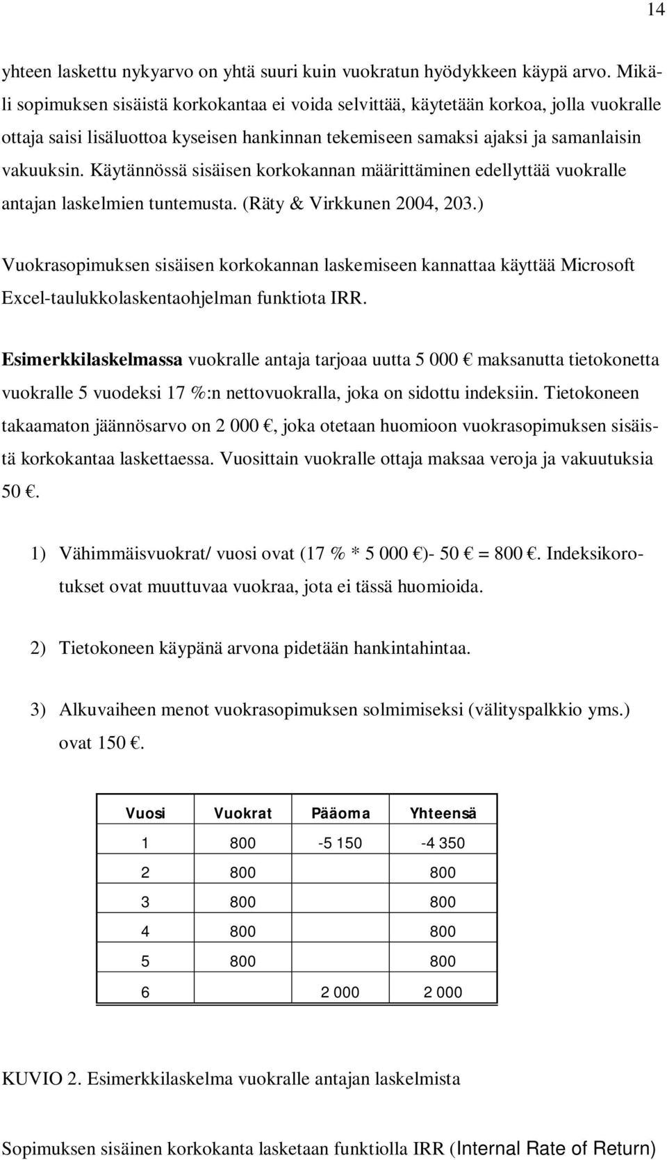 Käytännössä sisäisen korkokannan määrittäminen edellyttää vuokralle antajan laskelmien tuntemusta. (Räty & Virkkunen 2004, 203.