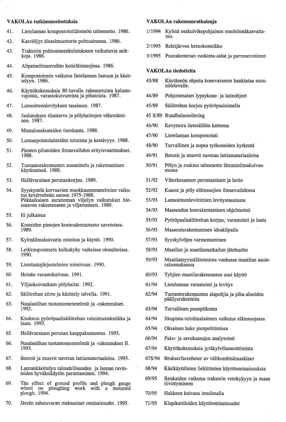 Alipaineilmanvaihto kotieläinsuojissa. 986. V AKOLAn tiedotteita 45. Kompostoinnin vaikutus lietelannan laatuun ja käsittelyyn. 986. 43/88 Käytännön ohjeita konevaraston hankintaa suunnittelevalle.