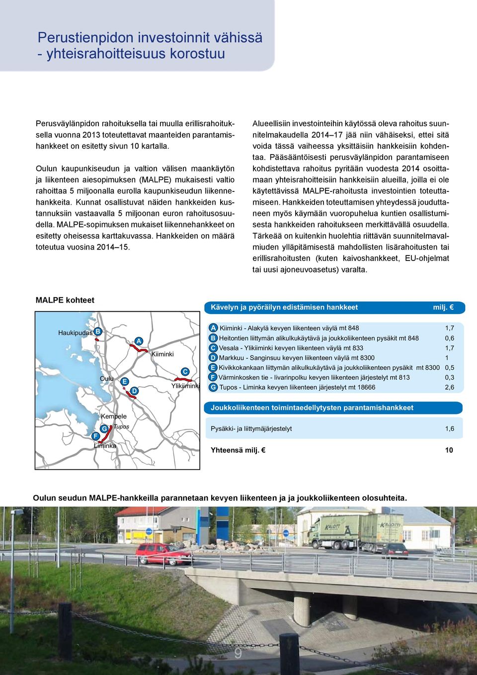 Kunnat osallistuvat näiden hankkeiden kustannuksiin vastaavalla 5 miljoonan euron rahoitusosuudella. MALPE-sopimuksen mukaiset liikennehankkeet on esitetty oheisessa karttakuvassa.