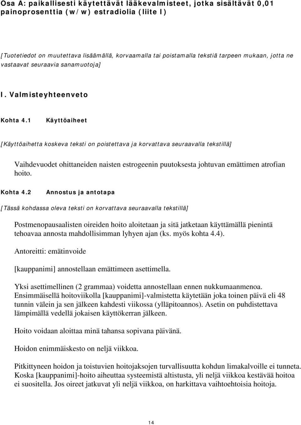 1 Käyttöaiheet [Käyttöaihetta koskeva teksti on poistettava ja korvattava seuraavalla tekstillä] Vaihdevuodet ohittaneiden naisten estrogeenin puutoksesta johtuvan emättimen atrofian hoito. Kohta 4.