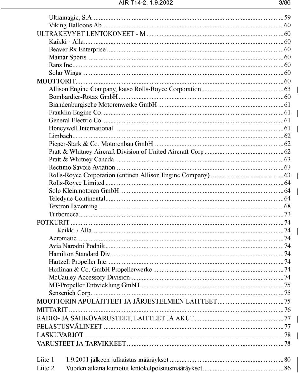 ...61 Honeywell International...61 Limbach...62 Pieper-Stark & Co. Motorenbau GmbH...62 Pratt & Whitney Aircraft Division of United Aircraft Corp...62 Pratt & Whitney Canada.