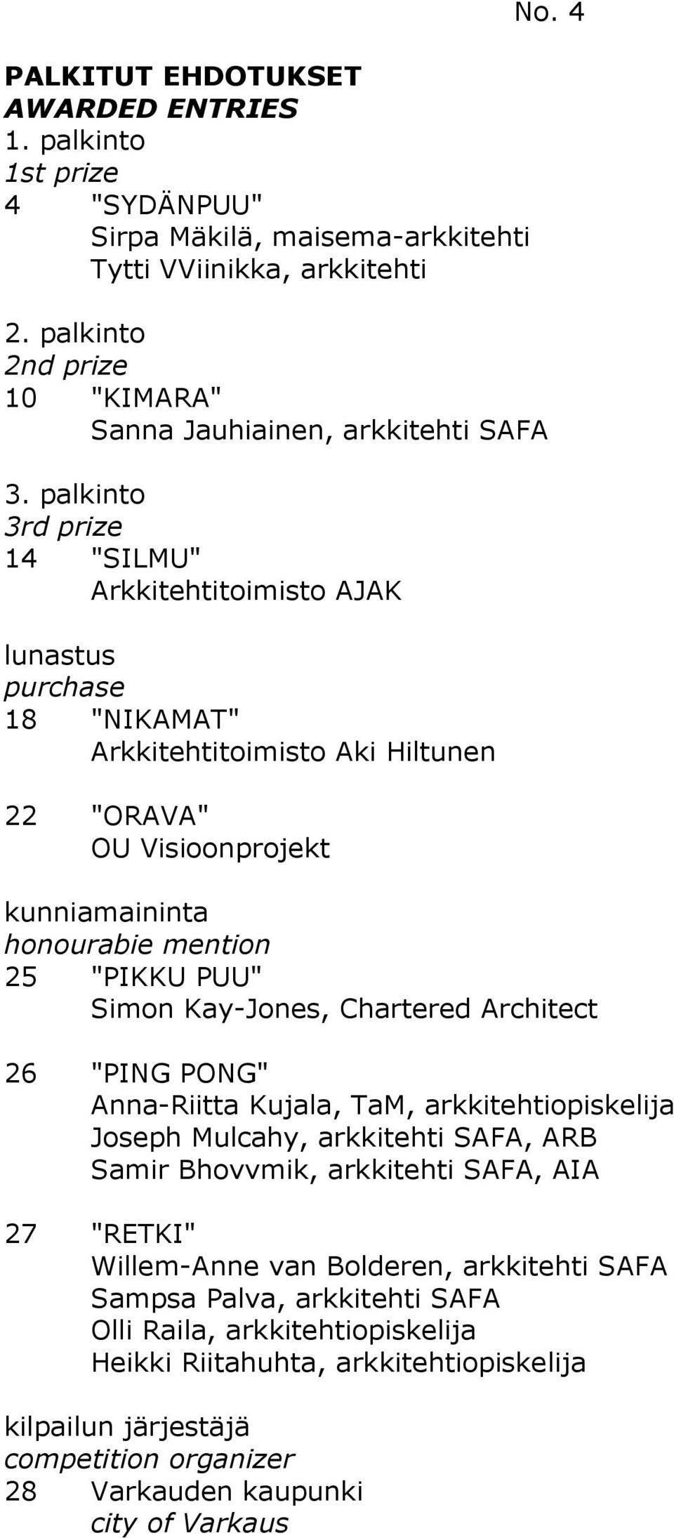 palkinto 3rd prize 14 "SILMU" Arkkitehtitoimisto AJAK 18 "NIKAMAT" Arkkitehtitoimisto Aki Hiltunen 22 "ORAVA" OU Visioonprojekt kunniamaininta honourabie mention 25 "PIKKU PUU" Simon Kay-Jones,