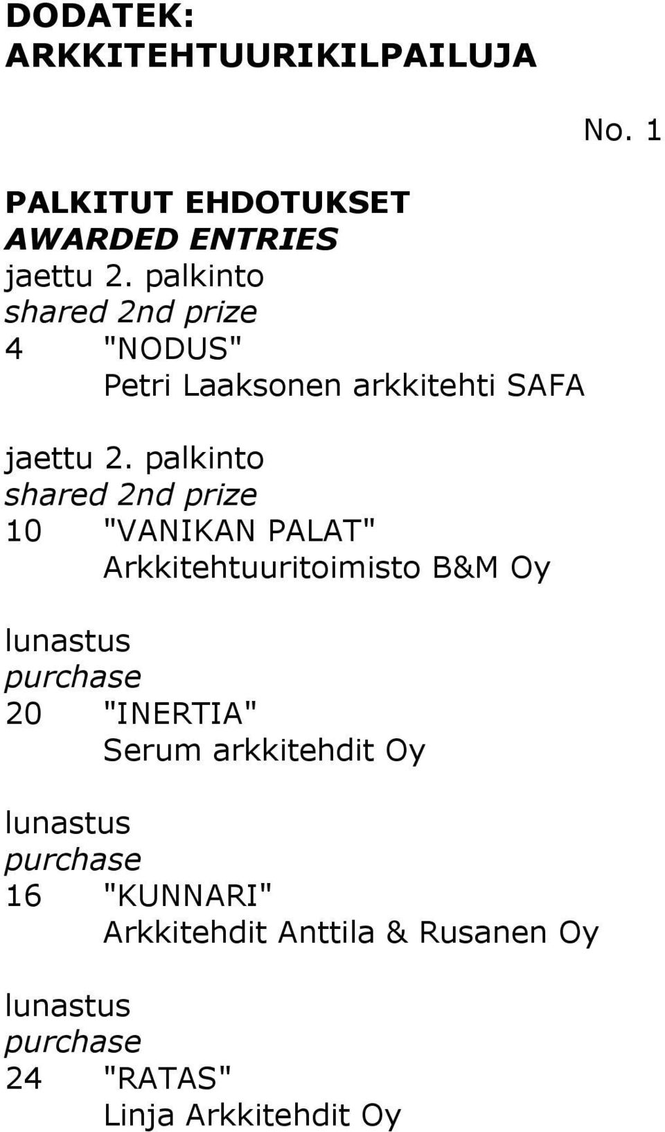 palkinto shared 2nd prize 10 "VANIKAN PALAT" Arkkitehtuuritoimisto B&M Oy 20 "INERTIA"