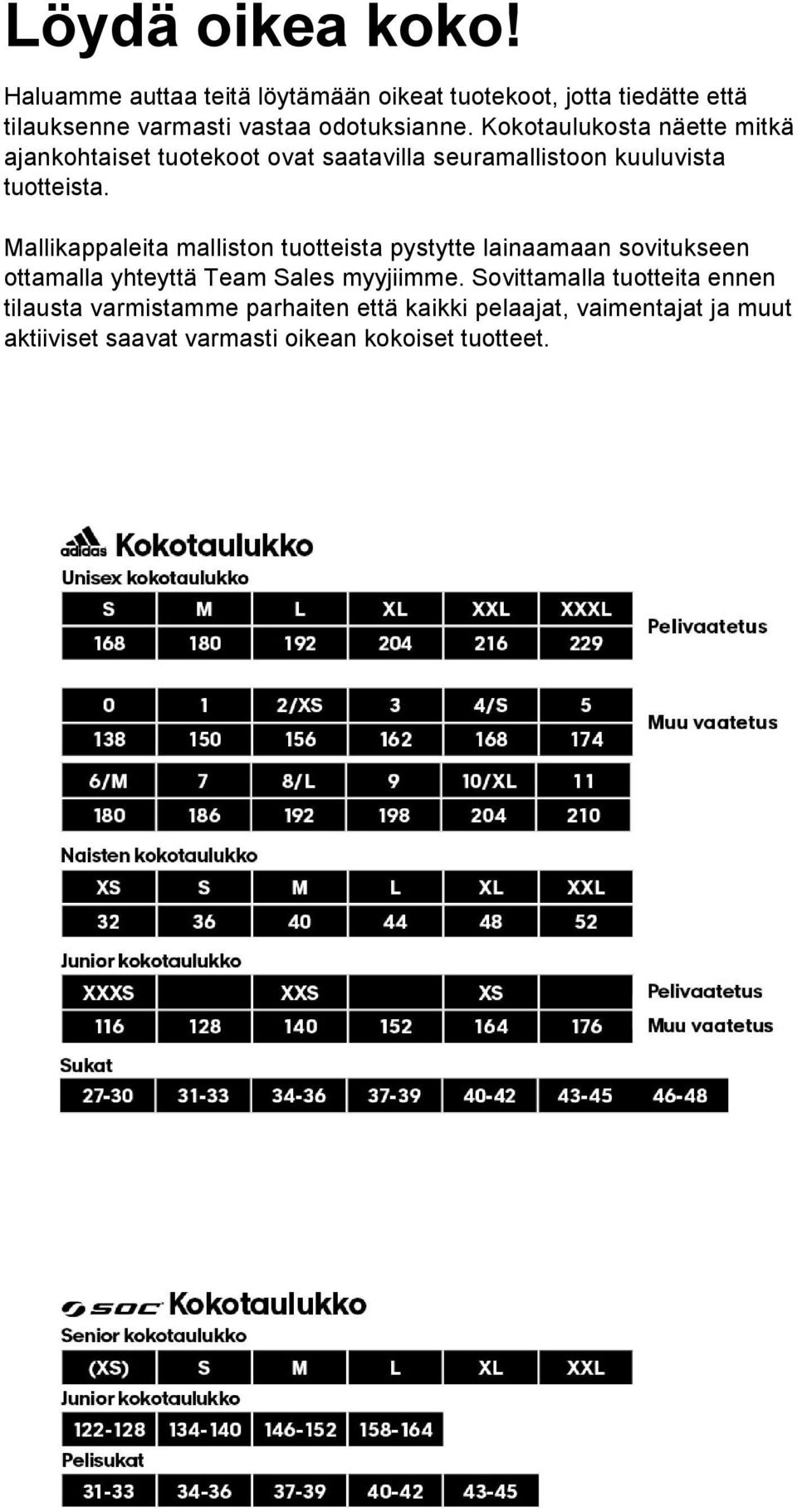 taulukosta näette mitkä ajankohtaiset tuotekoot ovat saatavilla seuramallistoon kuuluvista tuotteista.