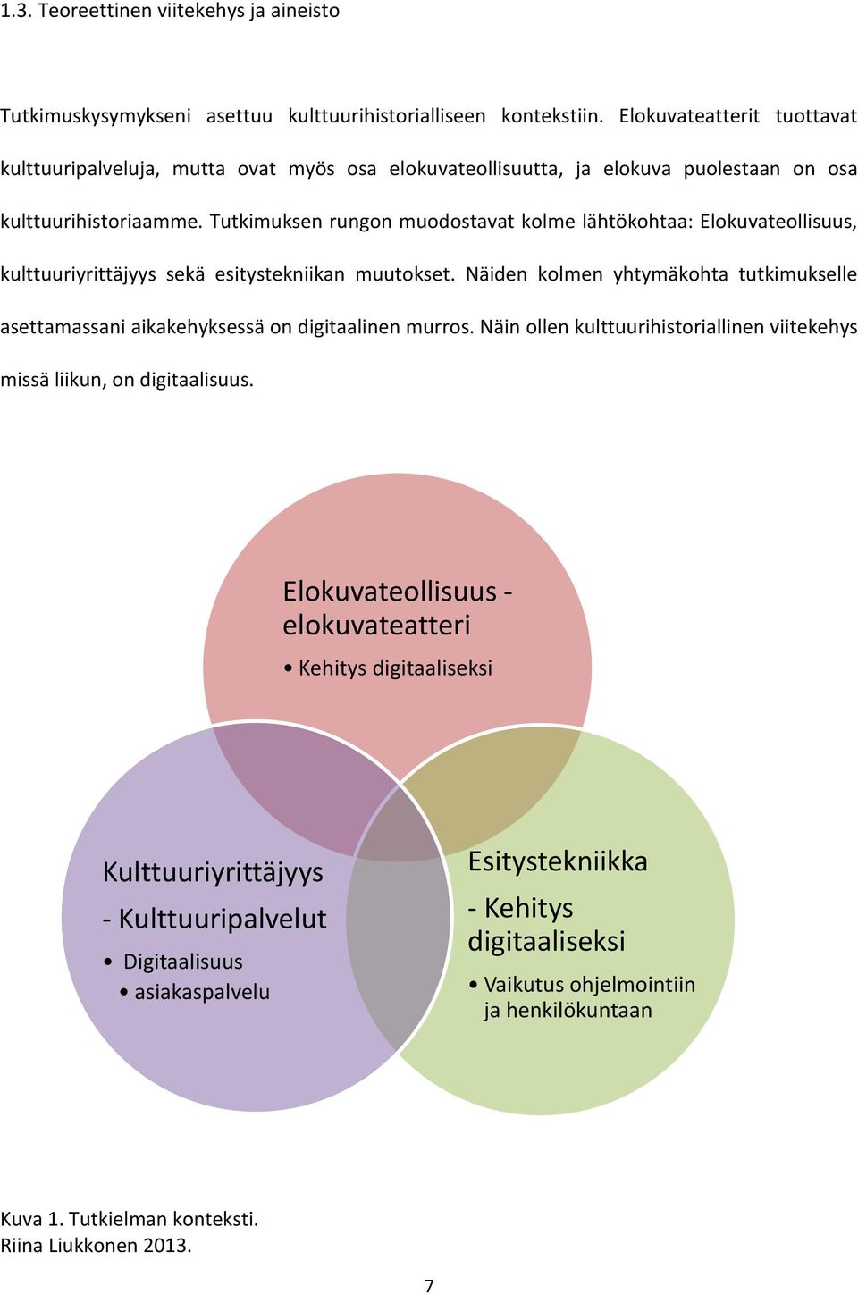 Tutkimuksen rungon muodostavat kolme lähtökohtaa: Elokuvateollisuus, kulttuuriyrittäjyys sekä esitystekniikan muutokset.