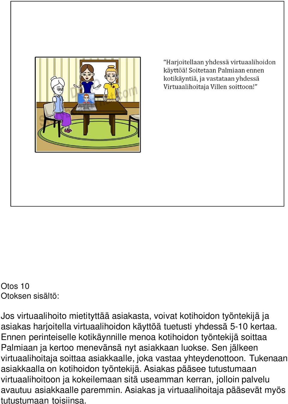 Sen jälkeen virtuaalihoitaja soittaa asiakkaalle, joka vastaa yhteydenottoon. Tukenaan asiakkaalla on kotihoidon työntekijä.
