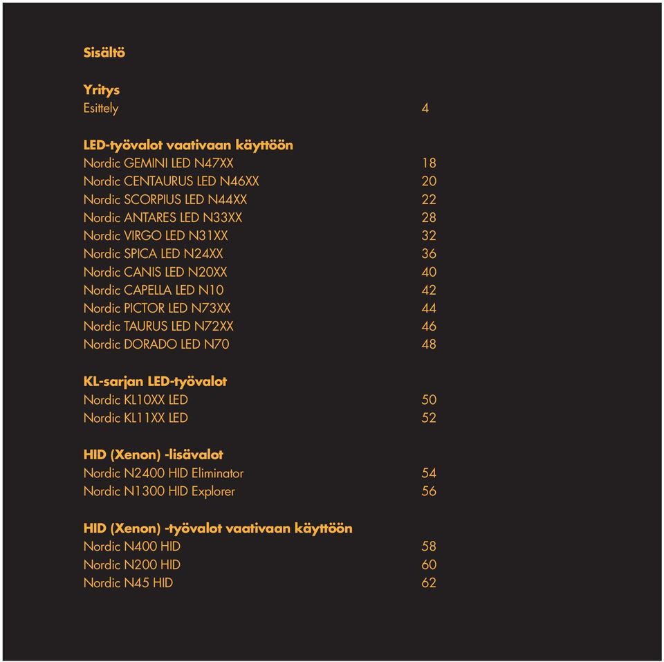 N73XX 44 Nordic TAURUS LED N72XX 46 Nordic DORADO LED N70 48 KL-sarjan LED-työvalot Nordic KL10XX LED 50 Nordic KL11XX LED 52 HID (Xenon) -lisävalot