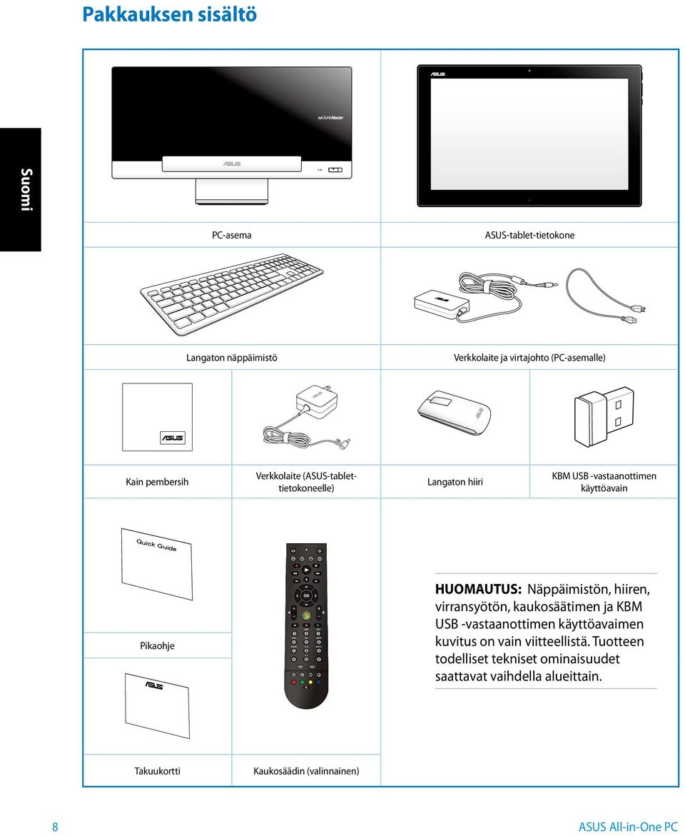 Näppäimistön, hiiren, virransyötön, kaukosäätimen ja KBM USB -vastaanottimen käyttöavaimen kuvitus on vain viitteellistä.