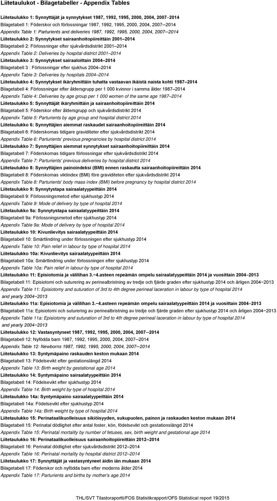 efter sjukvårdsdistrikt 2001 2014 Appendix Table 2: Deliveries by hospital district 2001 2014 Liitetaulukko 3: Synnytykset sairaaloittain 2004 2014 Bilagetabell 3 : Förlossningar efter sjukhus 2004