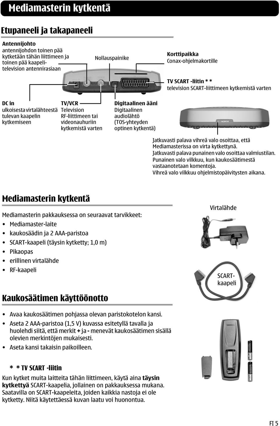 videonauhuriin kytkemistä varten Digitaalinen ääni Digitaalinen audiolähtö (TOS-yhteyden optinen kytkentä) Jatkuvasti palava vihreä valo osoittaa, että Mediamasterissa on virta kytkettynä.