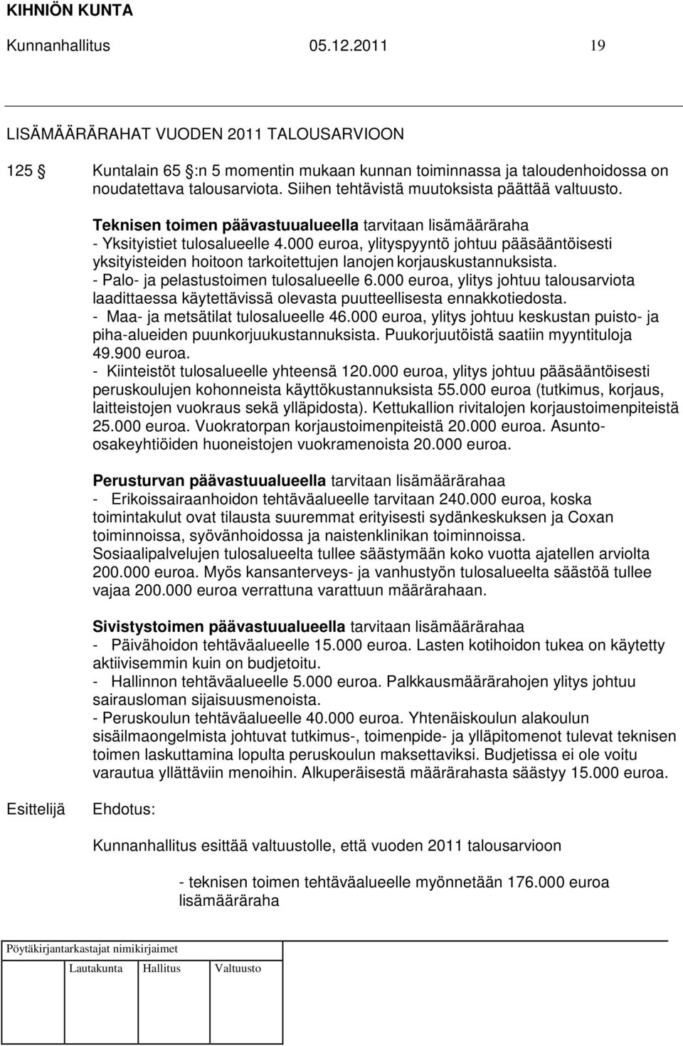 000 euroa, ylityspyyntö johtuu pääsääntöisesti yksityisteiden hoitoon tarkoitettujen lanojen korjauskustannuksista. - Palo- ja pelastustoimen tulosalueelle 6.