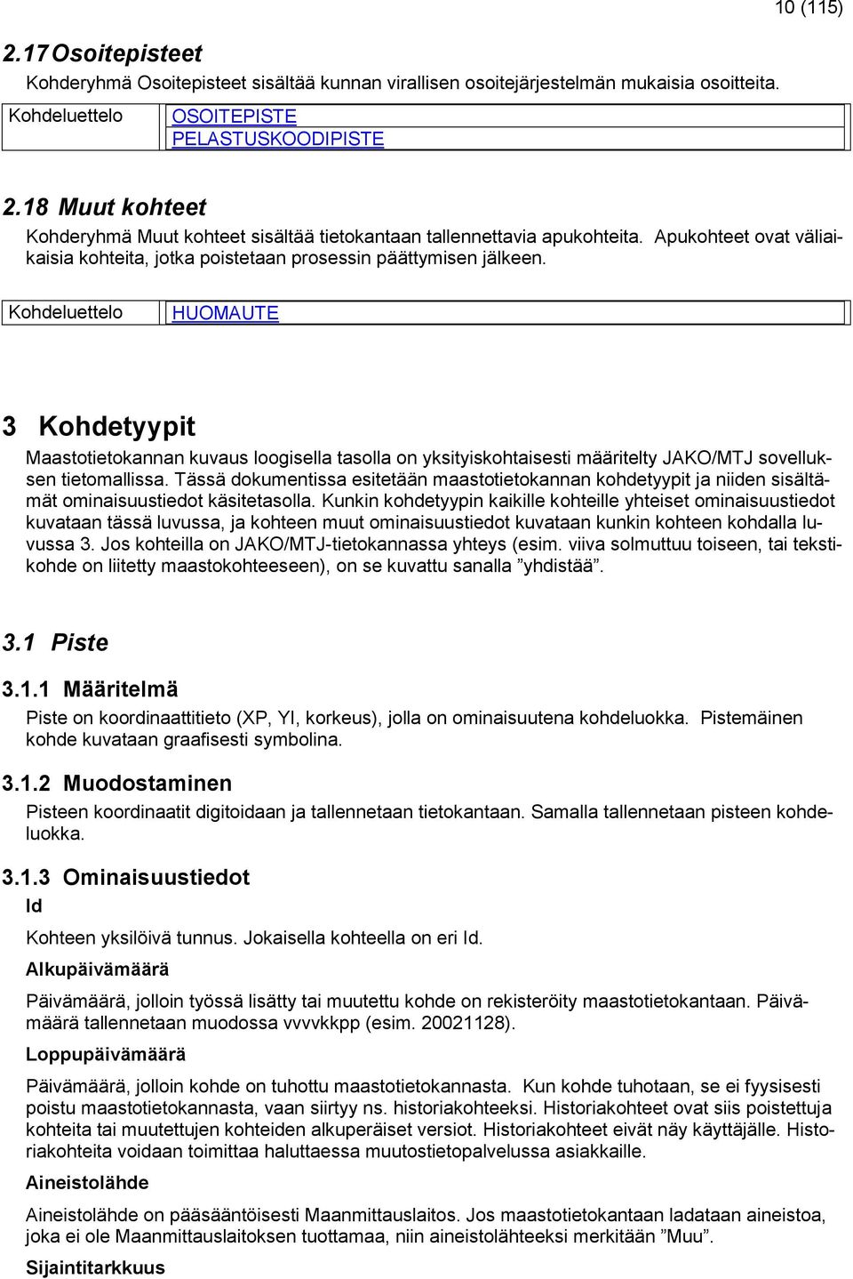 Kohdeluettelo HUOMAUTE 3 Kohdetyypit Maastotietokannan kuvaus loogisella tasolla on yksityiskohtaisesti määritelty JAKO/MTJ sovelluksen tietomallissa.