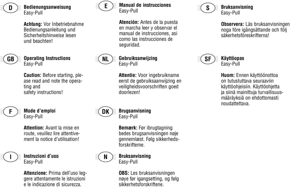 Observera: Läs bruksanvisningen noga före igångsättande och följ säkerhetsföreskrifterna!