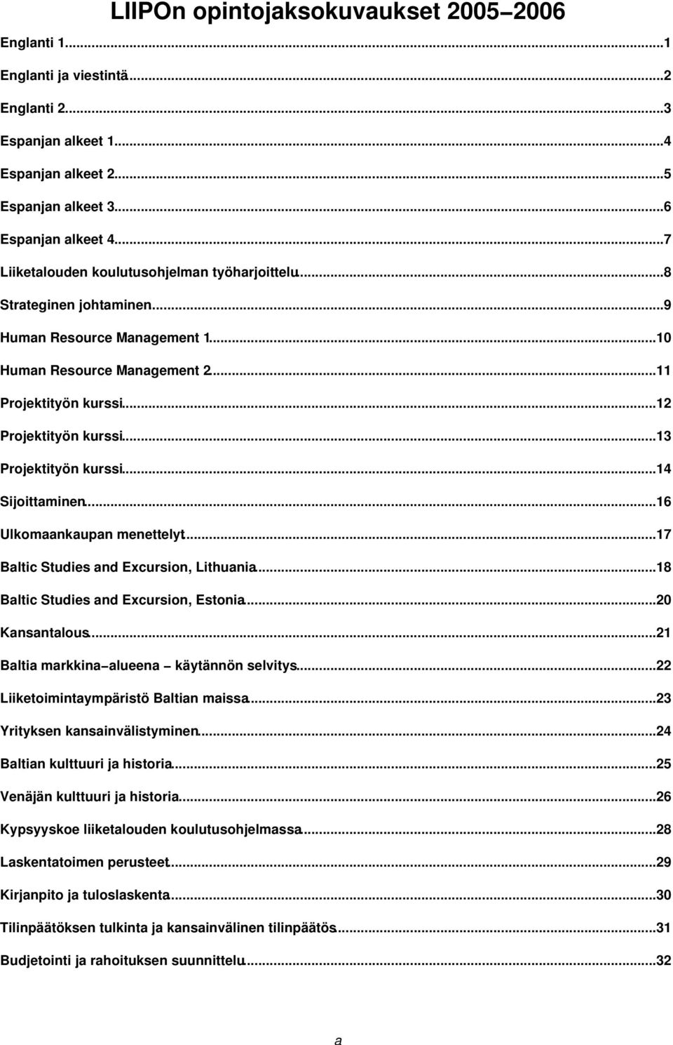 ..13 Projektityön kurssi...14 Sijoittaminen...16 Ulkomaankaupan menettelyt...17 Baltic Studies and Excursion, Lithuania...18 Baltic Studies and Excursion, Estonia...20 Kansantalous.