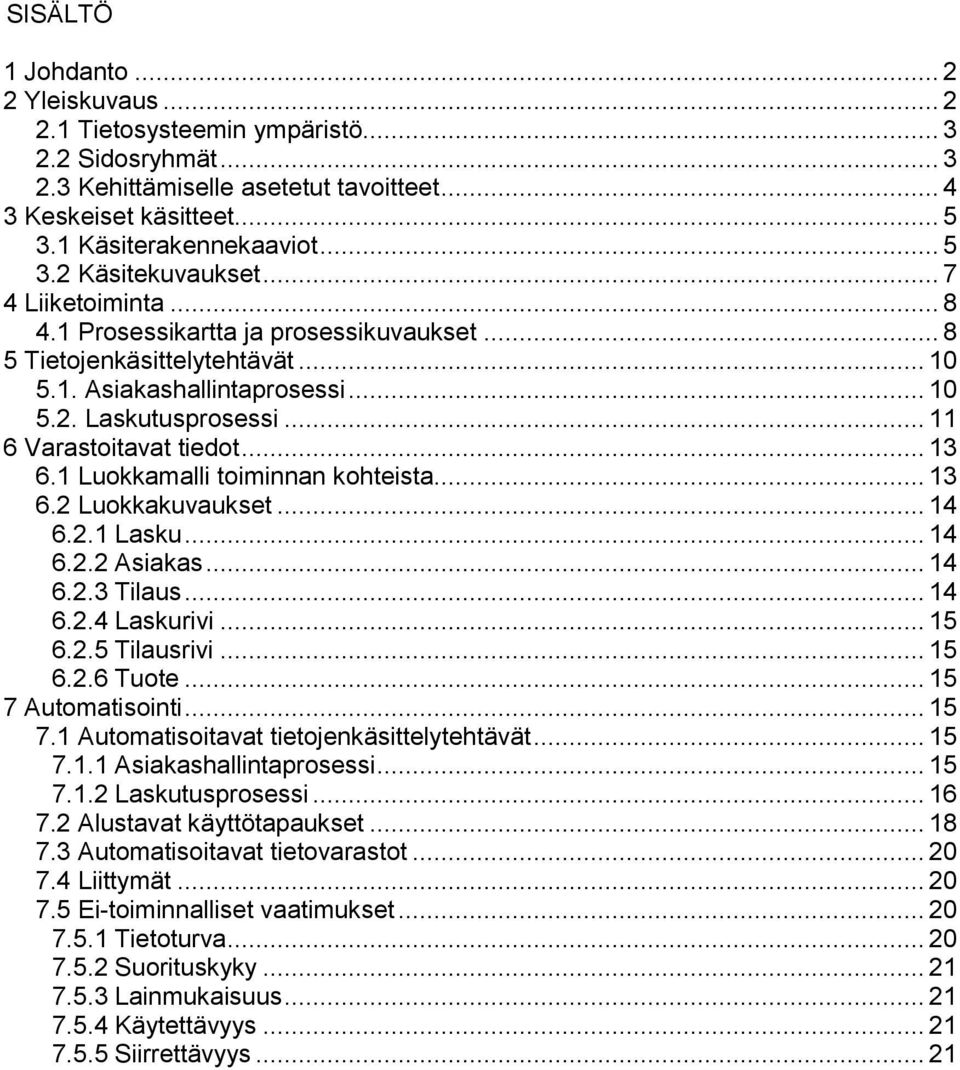 1 Luokkamalli toiminnan kohteista... 13 6.2 Luokkakuvaukset... 14 6.2.1 Lasku... 14 6.2.2 Asiakas... 14 6.2.3 Tilaus... 14 6.2.4 Laskurivi... 15 6.2.5 Tilausrivi... 15 6.2.6 Tuote.