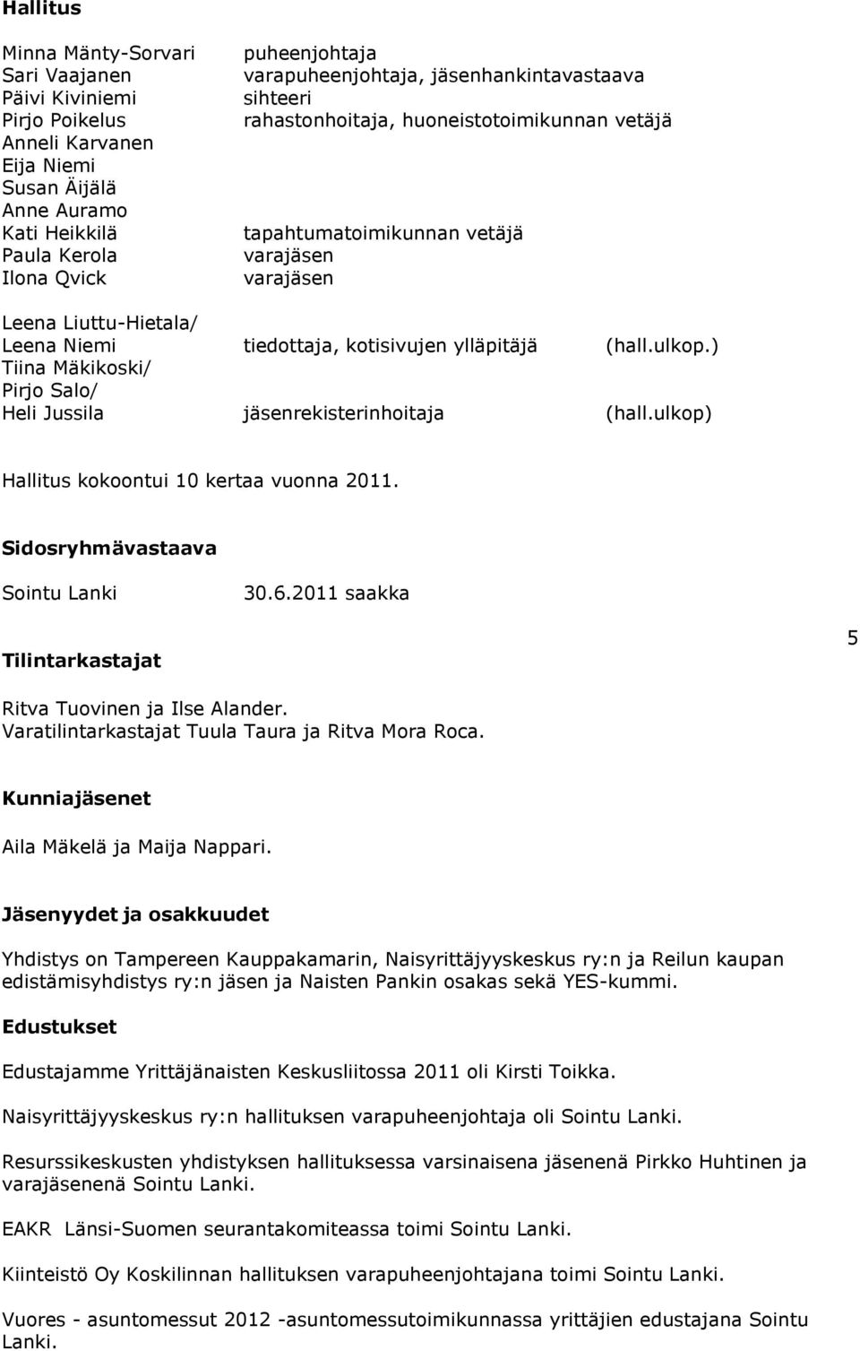 ulkop.) Tiina Mäkikoski/ Pirjo Salo/ Heli Jussila jäsenrekisterinhoitaja (hall.ulkop) Hallitus kokoontui 10 kertaa vuonna 2011. Sidosryhmävastaava Sointu Lanki 30.6.