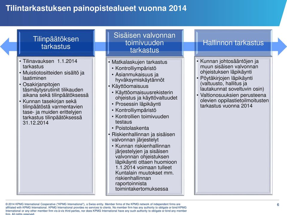 1.2014 tarkastus Muistiotositteiden sisältö ja laatiminen Osakirjanpitojen täsmäytysrutiinit tilikauden aikana sekä tilinpäätöksessä Kunnan tasekirjan sekä tilinpäätöstä varmentavien tase- ja muiden