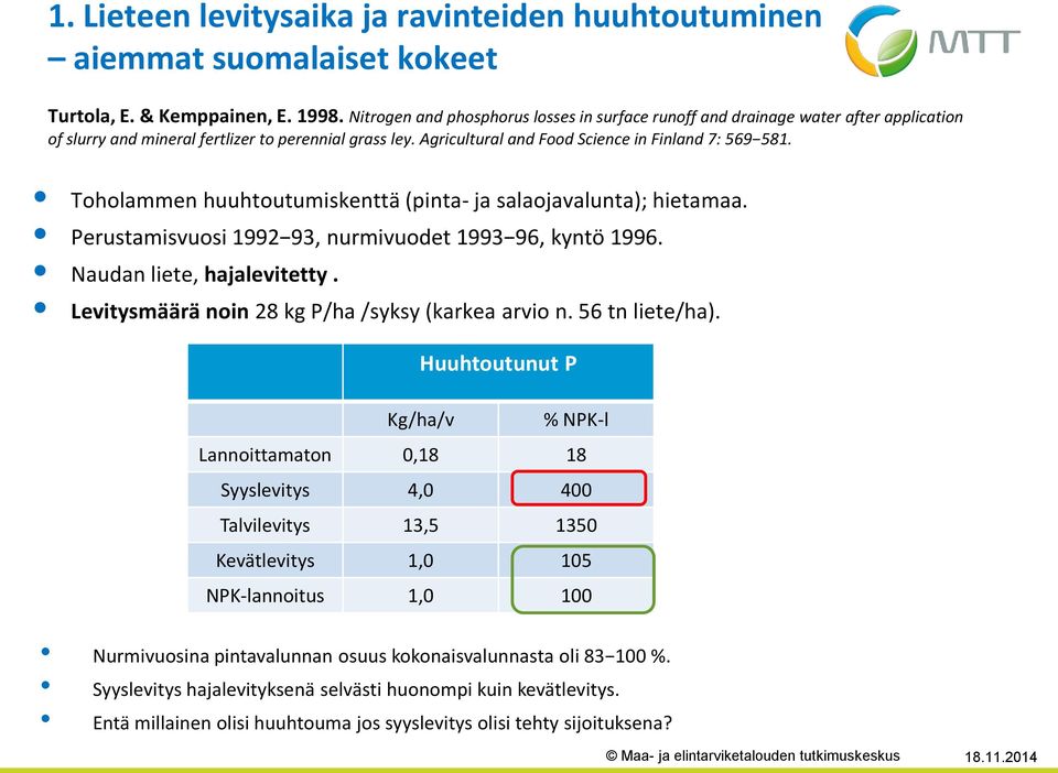 Toholammen huuhtoutumiskenttä (pinta- ja salaojavalunta); hietamaa. Perustamisvuosi 1992 93, nurmivuodet 1993 96, kyntö 1996. Naudan liete, hajalevitetty.