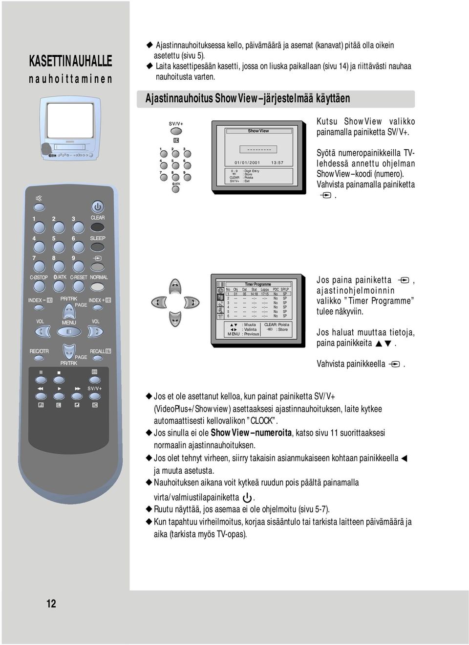 Ajastinnauhoitus ShowView järjestelmää käyttäen ShowView --------- 01/01/2001 13:57 0-9 : Digit Entry : Store CLEAR : Poista SV/V+ : Exit Kutsu ShowView valikko painamalla painiketta SV/V+.