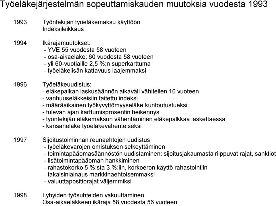 taitettu indeksi - määräaikainen työkyvyttömyyseläke kuntoutustueksi - tulevan ajan karttumisprosentin heikennys - työntekijän eläkemaksun vähentäminen eläkepalkkaa laskettaessa - kansaneläke