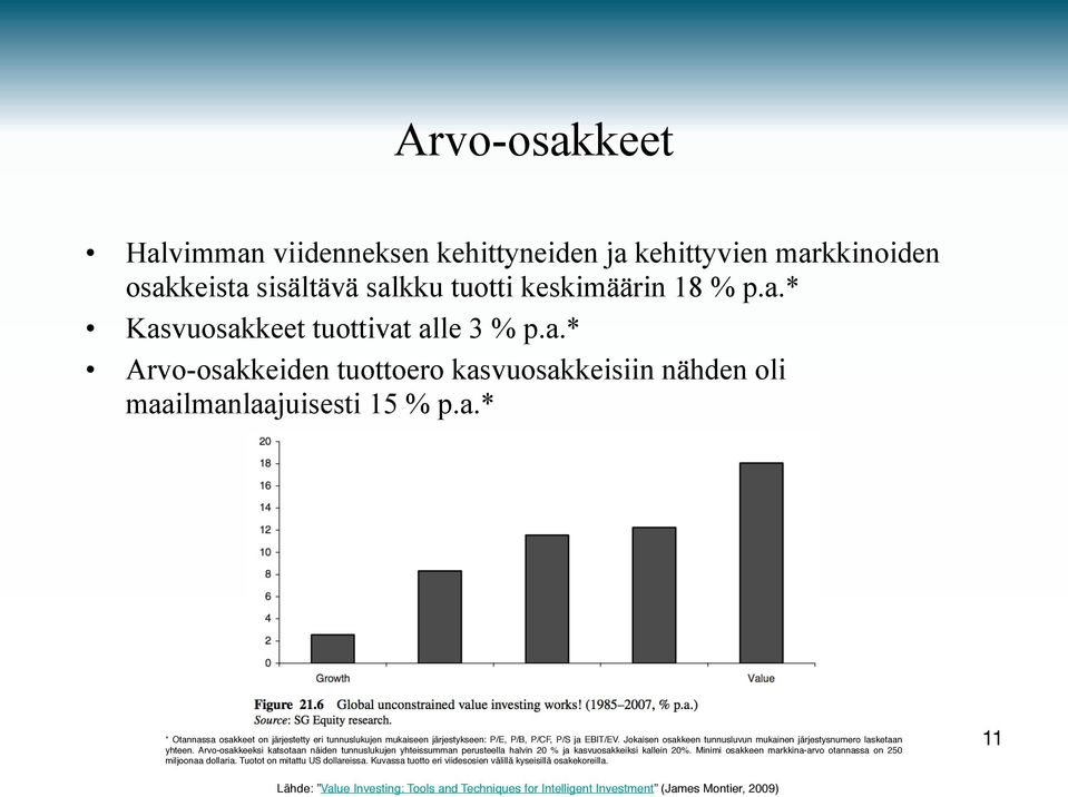 Arvo-osakkeeksi katsotaan näiden tunnuslukujen yhteissumman perusteella halvin 20 % ja kasvuosakkeiksi kallein 20%. Minimi osakkeen markkina-arvo otannassa on 250 miljoonaa dollaria.