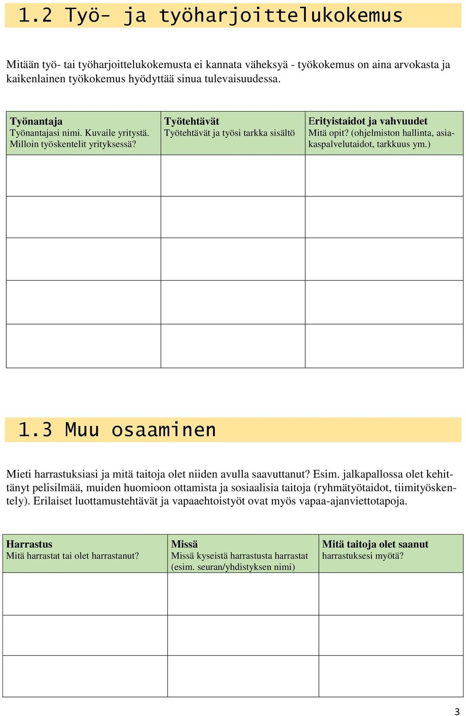 (ohjelmiston hallinta, asiakaspalvelutaidot, tarkkuus ym.) 1.3 Muu osaaminen Mieti harrastuksiasi ja mitä taitoja olet niiden avulla saavuttanut? Esim.