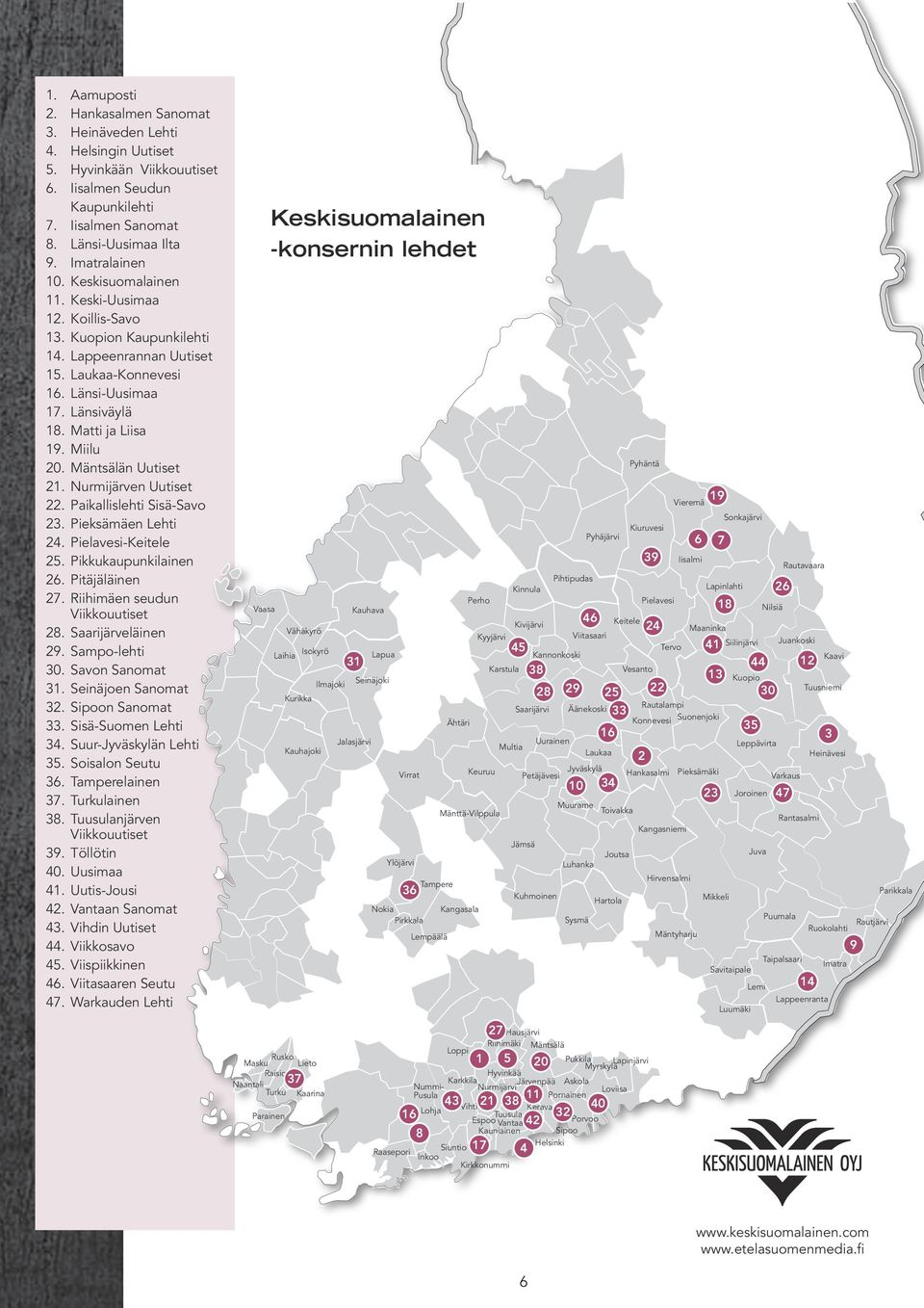 Nurmijärven Uutiset 22. Paikallislehti Sisä-Savo 23. Pieksämäen Lehti 24. Pielavesi-Keitele 25. Pikkukaupunkilainen 26. Pitäjäläinen 27. Riihimäen seudun Viikkouutiset 28. Saarijärveläinen 29.