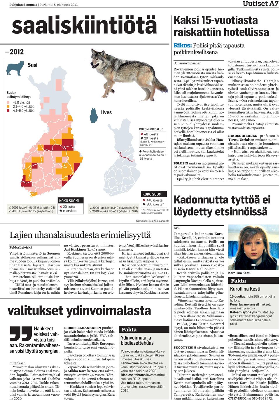 yksilöä Ilves PORONHOITOALUE 40 ilvestä 20 ilvestä (Lappi 8, Koillismaa 4, Kainuu 8*) Poronhoitoalueen ulkopuolinen Kainuu: 15 ilvestä Johanna Lipsanen Rovaniemen poliisi epäilee hieman yli