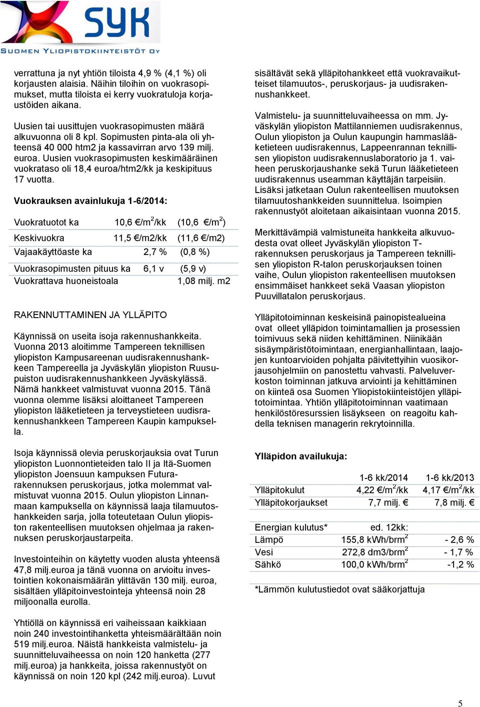 Uusien vuokrasopimusten keskimääräinen vuokrataso oli 18,4 euroa/htm2/kk ja keskipituus 17 vuotta.