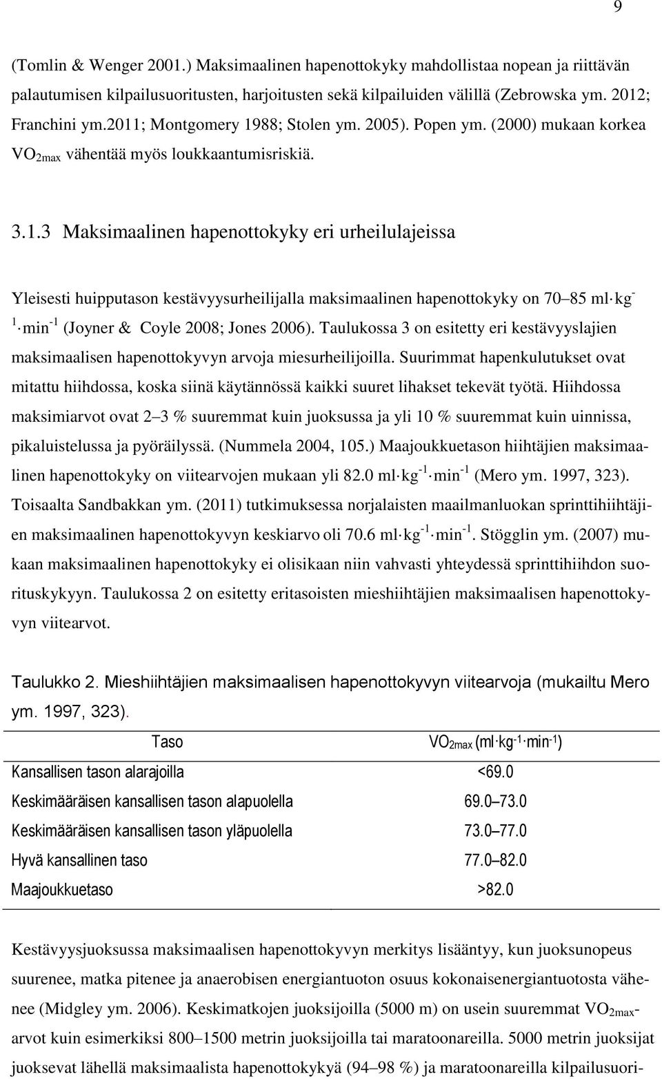 Taulukossa 3 on esitetty eri kestävyyslajien maksimaalisen hapenottokyvyn arvoja miesurheilijoilla.