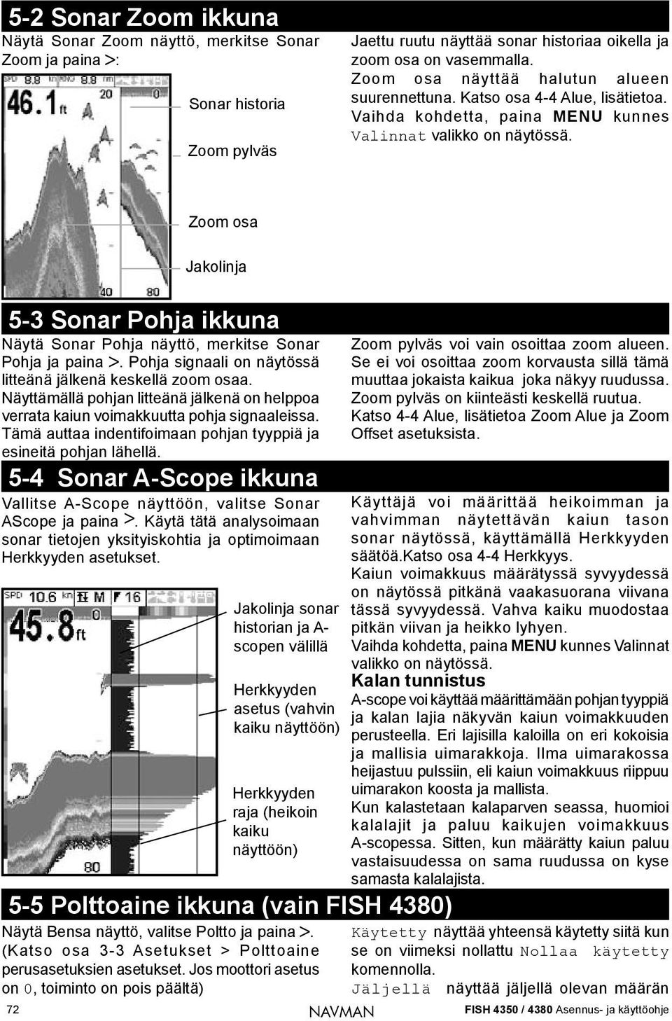 Zoom osa Jakolinja 5-3 Sonar Pohja ikkuna Näytä Sonar Pohja näyttö, merkitse Sonar Pohja ja paina. Pohja signaali on näytössä litteänä jälkenä keskellä zoom osaa.